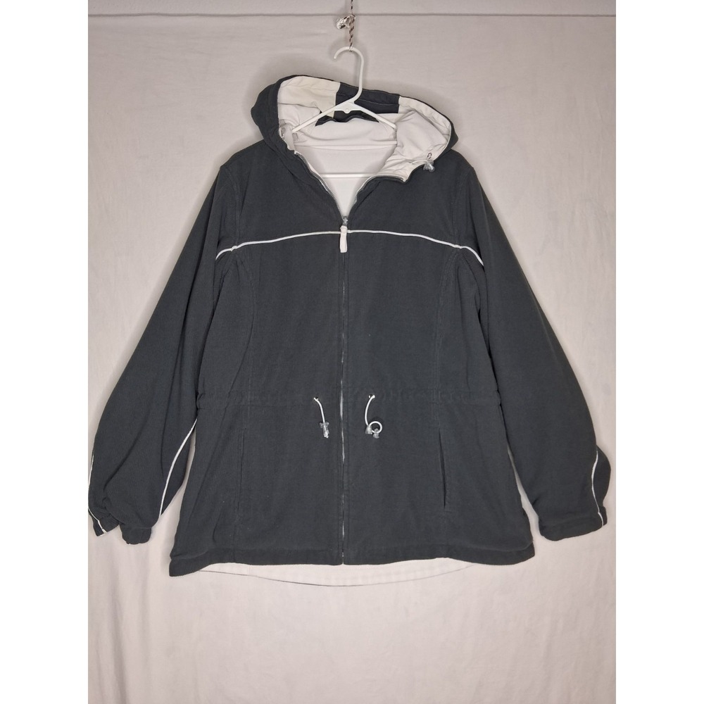 Women's Hooded Full Zip Jacket Gray White Lightweight Windbreaker L XL